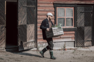 En bonde bär en låda fylld med egenproducerade matvaror till Friiberghs kök.